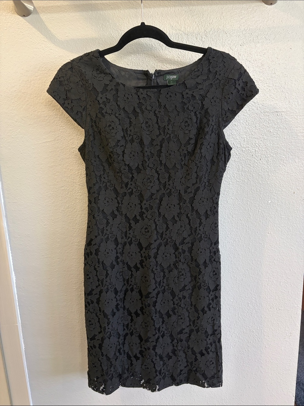 J. Crew Black Floral Lace Cap-Sleeve Midi Sheath Dress